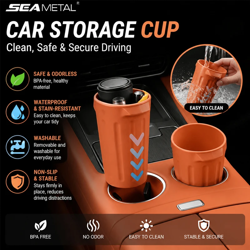 SEAMETAL Car Trash Can Food-Grade Silicone Anti-Slip Trash Bin Twist-Resistant Washable Oil-Repellent Leak-Proof Cup Holder
