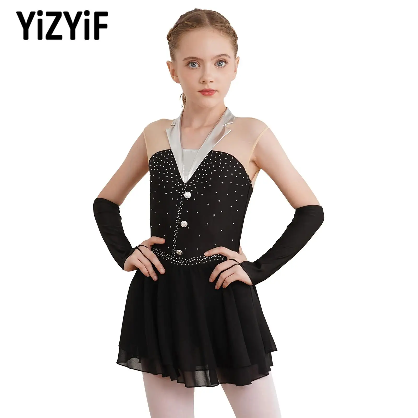 Stylish Sparkly Rhinestones Ballet Latin Dance Dress Figure Skating Gymnastics Clothes Sleeveless Dress with Gloves for Girls