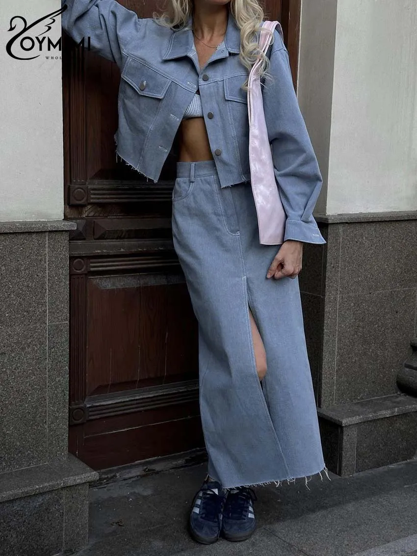 Oymimi-Conjunto de dos piezas de algodón azul para mujer, camisa de manga larga con bolsillos y botones, faldas rectas de media pantorrilla, elegante