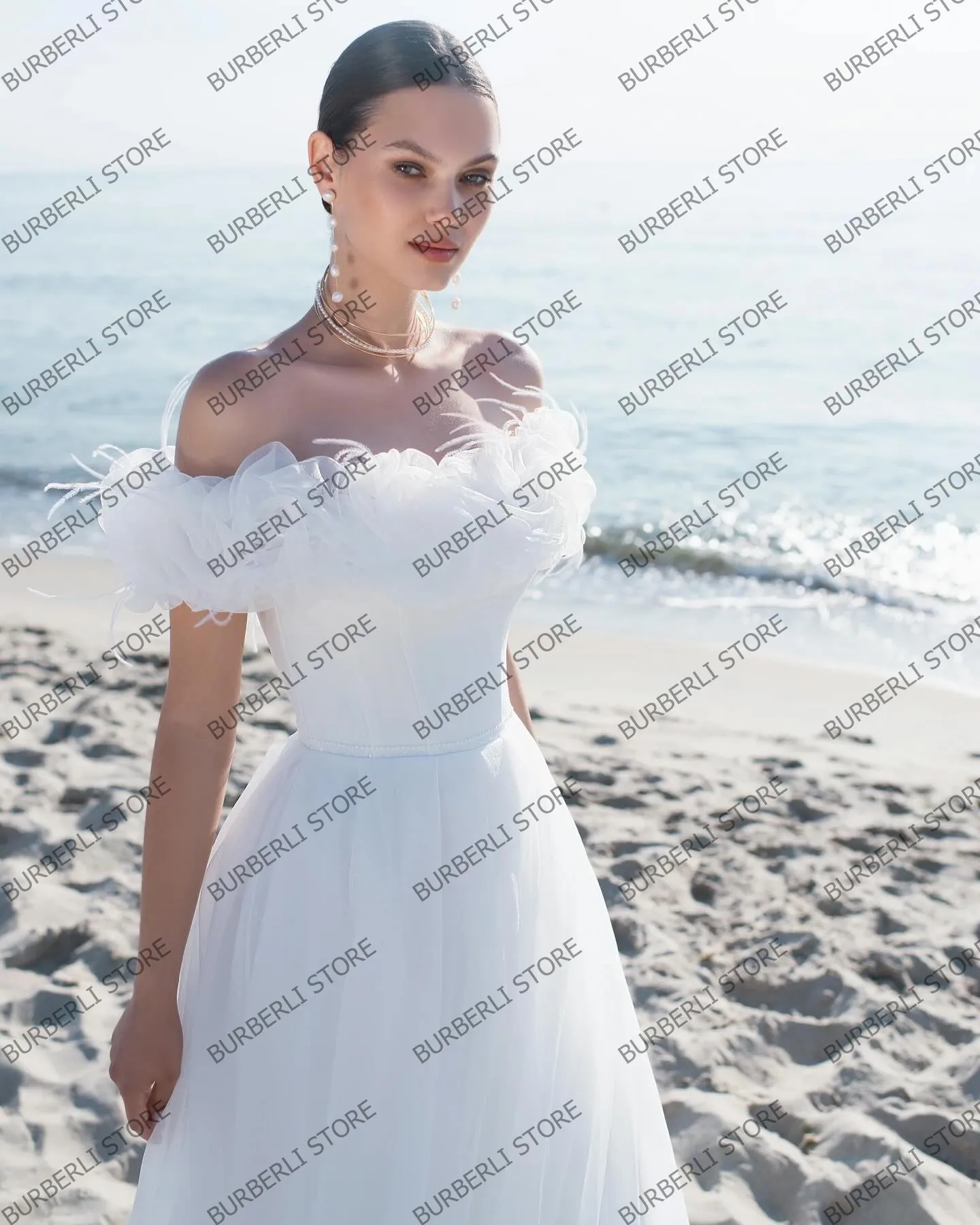 Off The Shoulder Flowers Mesh Prom Dresses Pretty White Tulle A Line Wedding Party Gowns Elegant Long Photography Pageant Dress