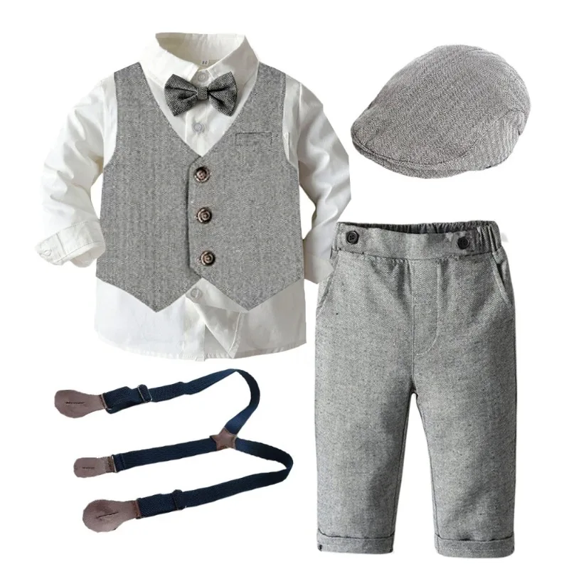 Newborn Baby Boys Clothes Set Infant Gentleman Outfit Baby Formal Suspender Overalls Autumn Winter Long Sleeve Toddler Boy Suit