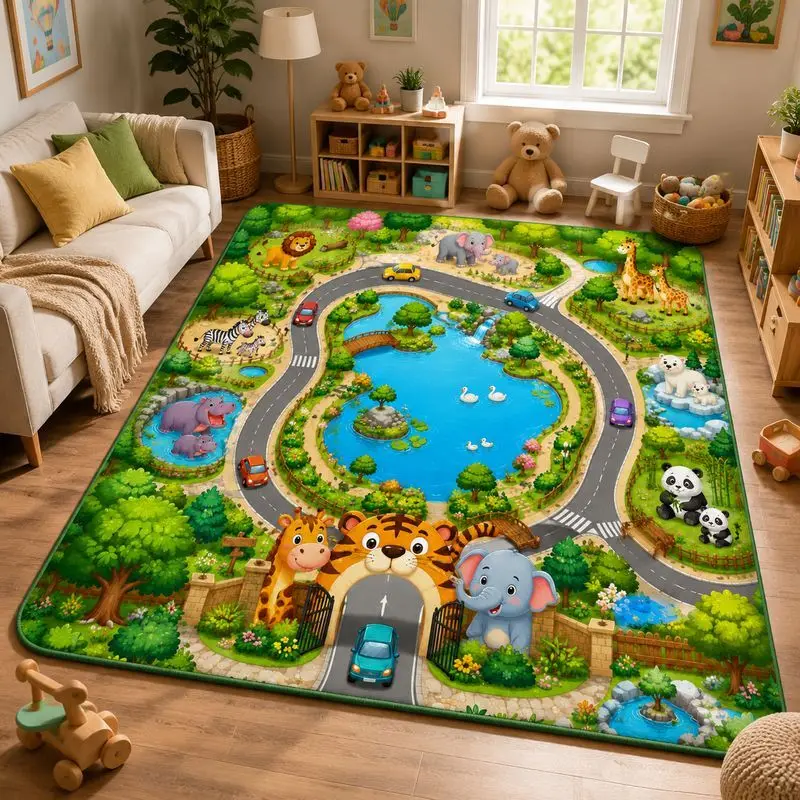 VIKAMA Kinder-Spielteppich mit Bauernhof- und Zoo-Motiv, Schlafzimmer- und Wohnzimmerteppich, Tierstadt, niedliche Raumdekoration, Kindermatte, Heimdekoration, Haus und Garten