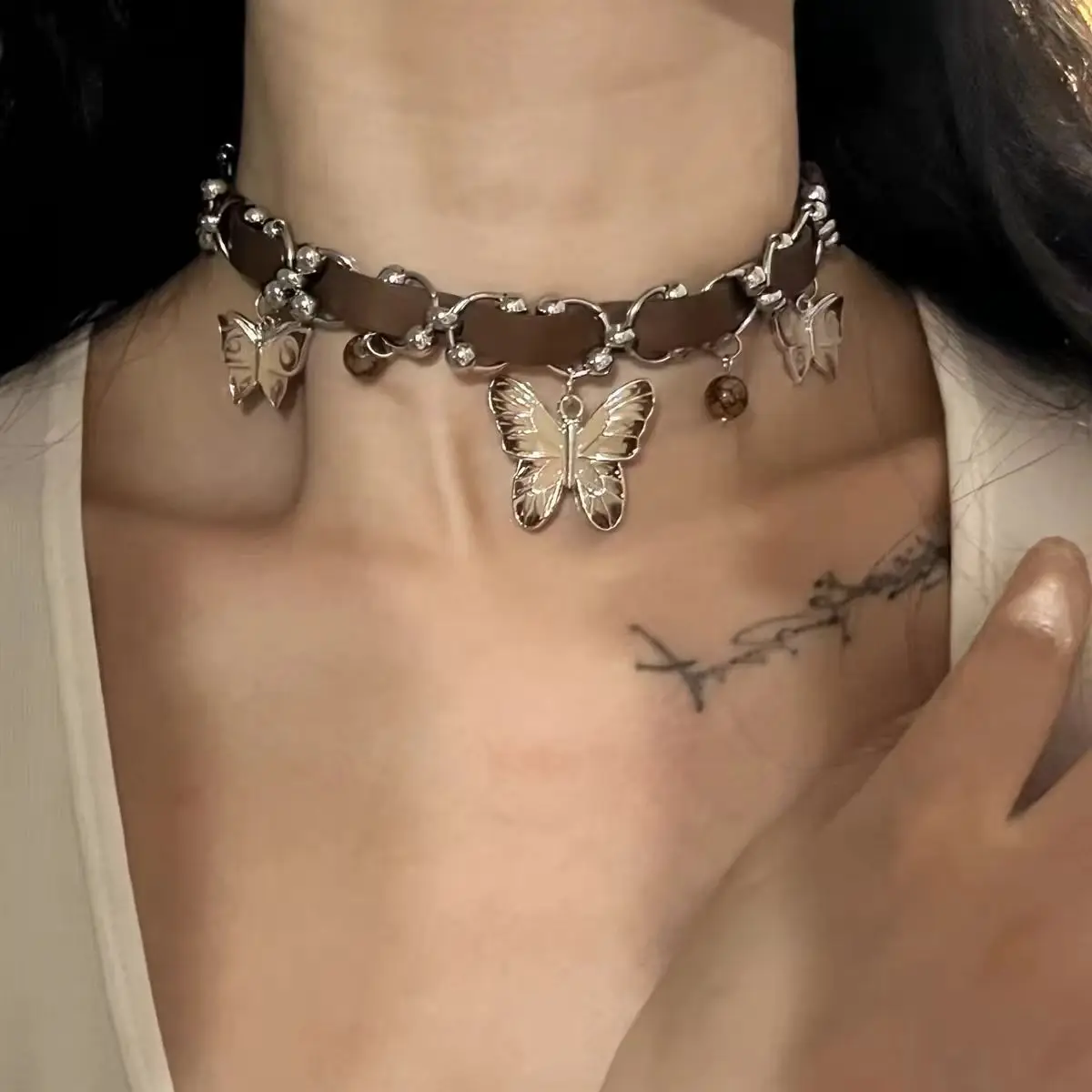 Punk Niche design Sweet Cool Hottie Gothic Rock and roll Individuality Brown Leather Butterfly Pendant Collarbone chain Choker