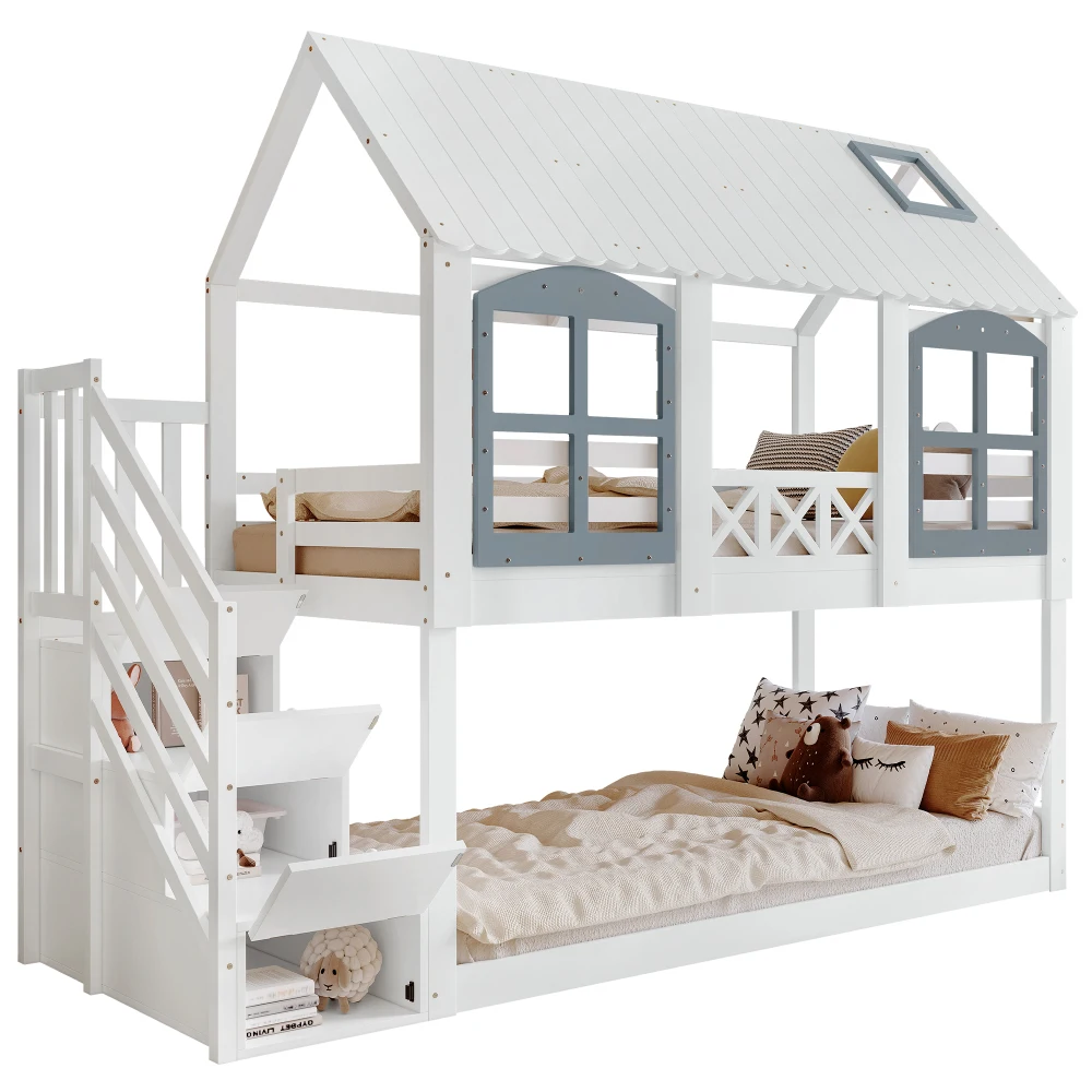 PINGGO Weißgraues Etagenbett 90x200cm mit Dachfenster, Leiter, Fallschirmgitter und 3 Staufächern aus Kiefern-MDF, ohne Matratze – Detail 11