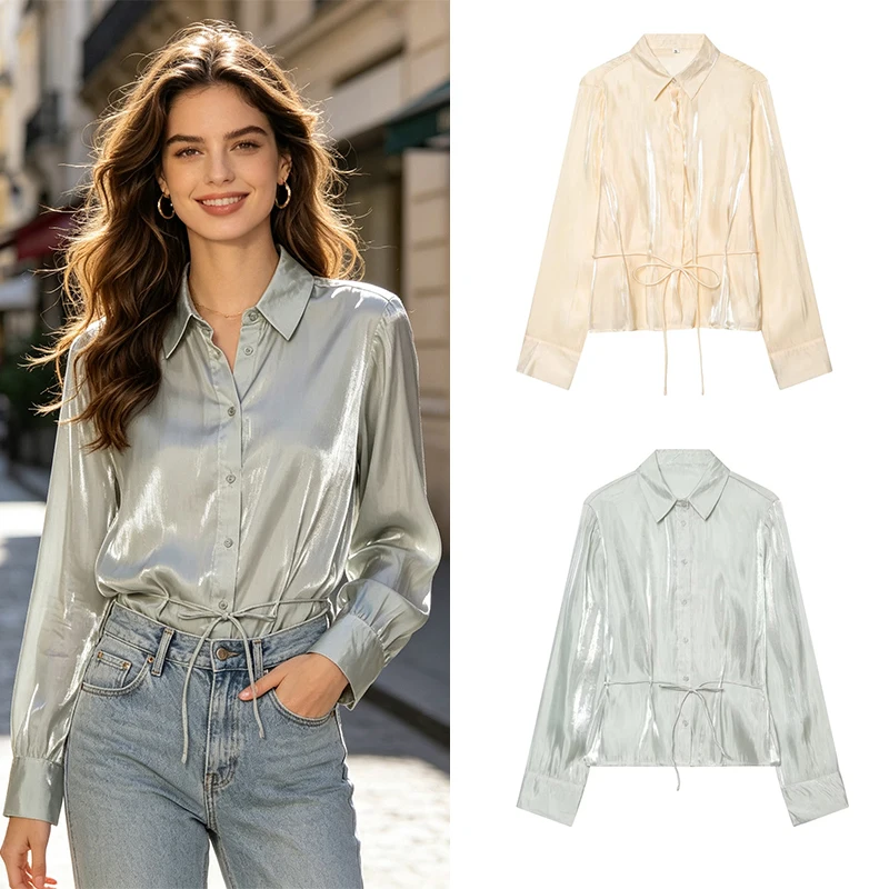 

Women's Shirt 2026 New Fashion Spring Summer Metallic Effect Shirt with Belt Casual Chic Personality Female Top