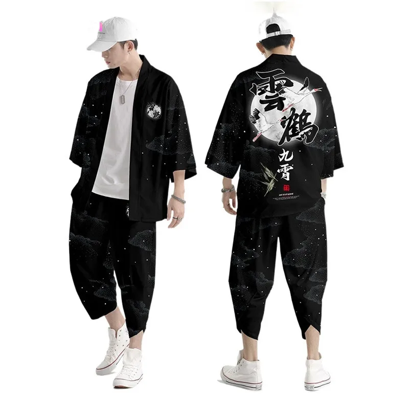 

Two-piece Suit 3D Chinese Style Crane Cardigan Women Men Cosplay Yukata Clothing Fashion Harajuku Samurai Kimono + Pants Sets