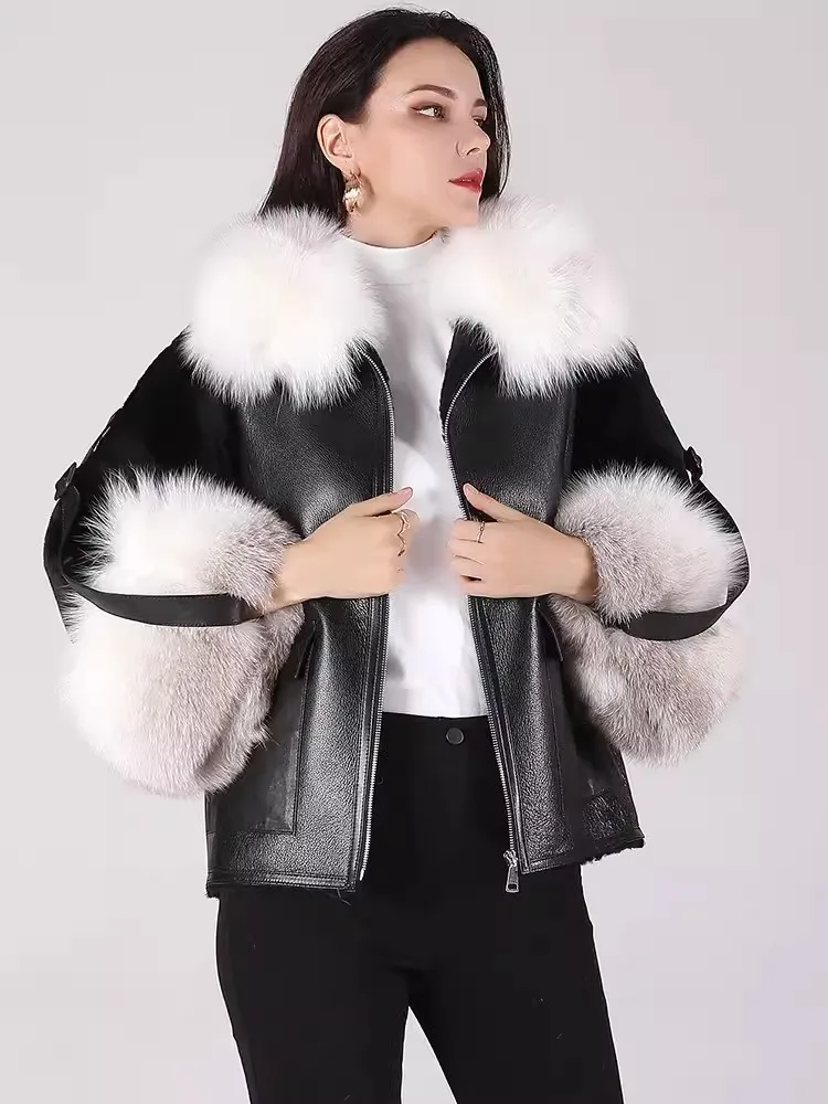 Luxury Fox Fur Collar Office Ladies New Winter Elegant Sheep Shearling Short Coat Zipper Warm Genuine Leather Real Fur Jackets