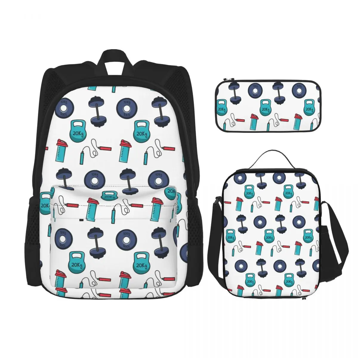 Gym Essentials Shaker, Kettlebell, Dumbbells, Rope Backpacks Kids Bookbag School Bags Rucksack Lunch Bag Pen Bag Three-Piece Set