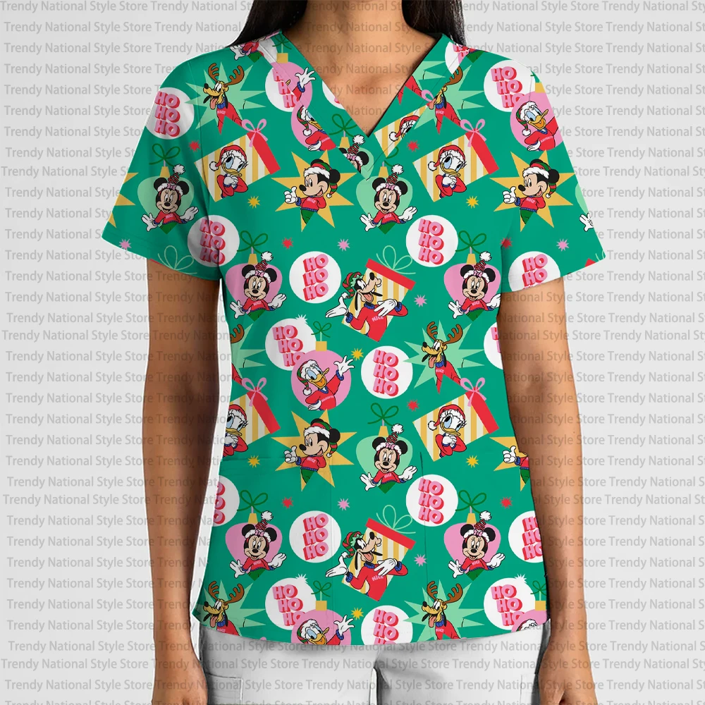 Mode Damen Arbeitsuniform V-Ausschnitt Tasche Frosted Top Disney Weihnachten Schneeflocke Mickey Minnie Elegantes Schönheitssalon T-Shirt