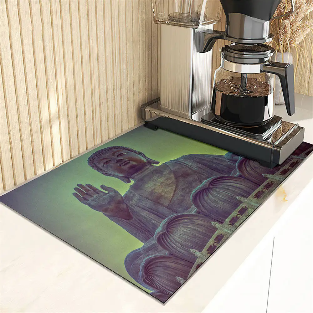 Buddha Statue Print Coffee Machine Drain Mat Cottage Kitchen Countertop Absorbent Mat Dry Non-slip Bar Table Washable Drain Pad