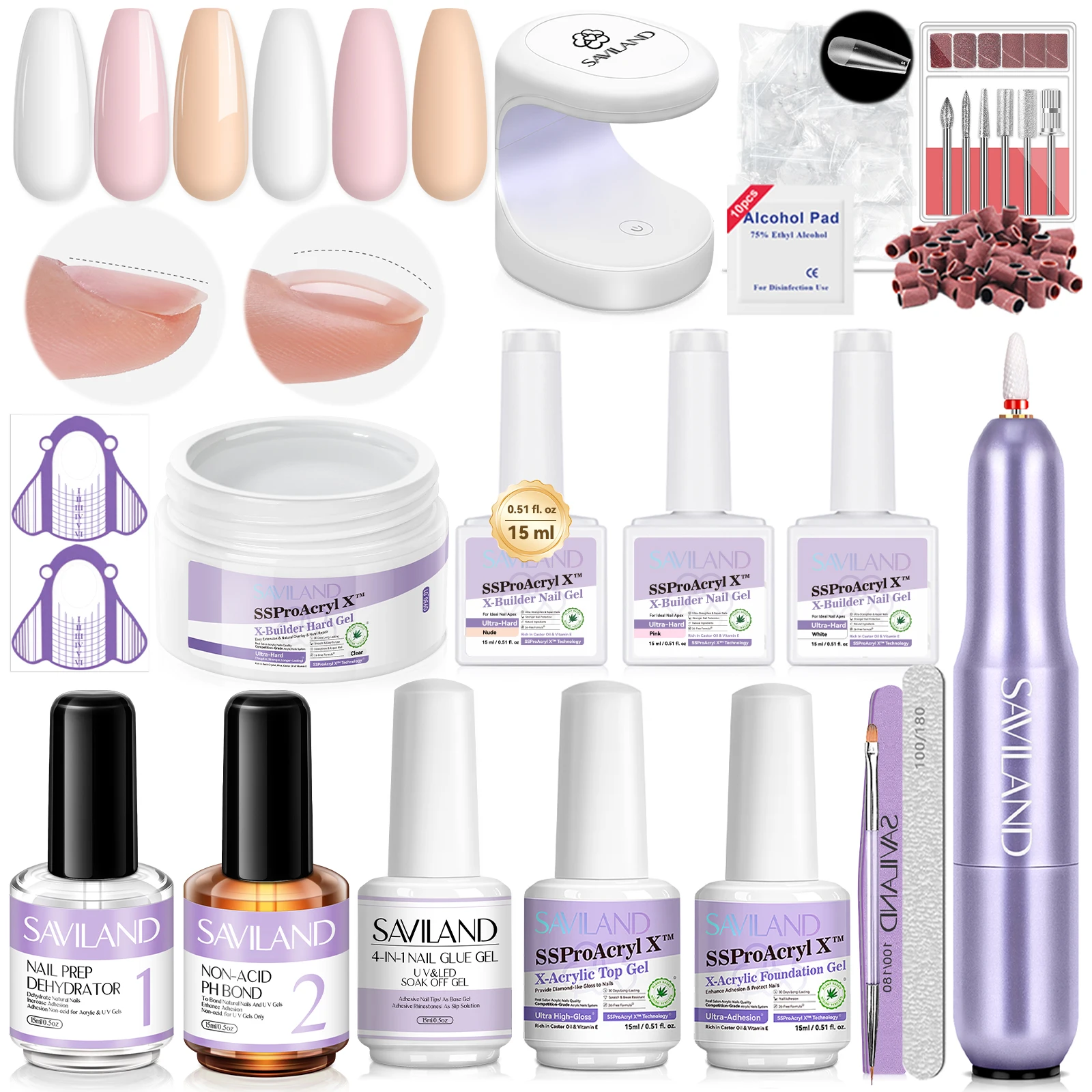 

SAVILAND Жесткий гель-набор с дрелью для ногтей Прозрачный розовый телесный белый касторовое масло Формула УФ-лампа База Верх для наращивания ногтей