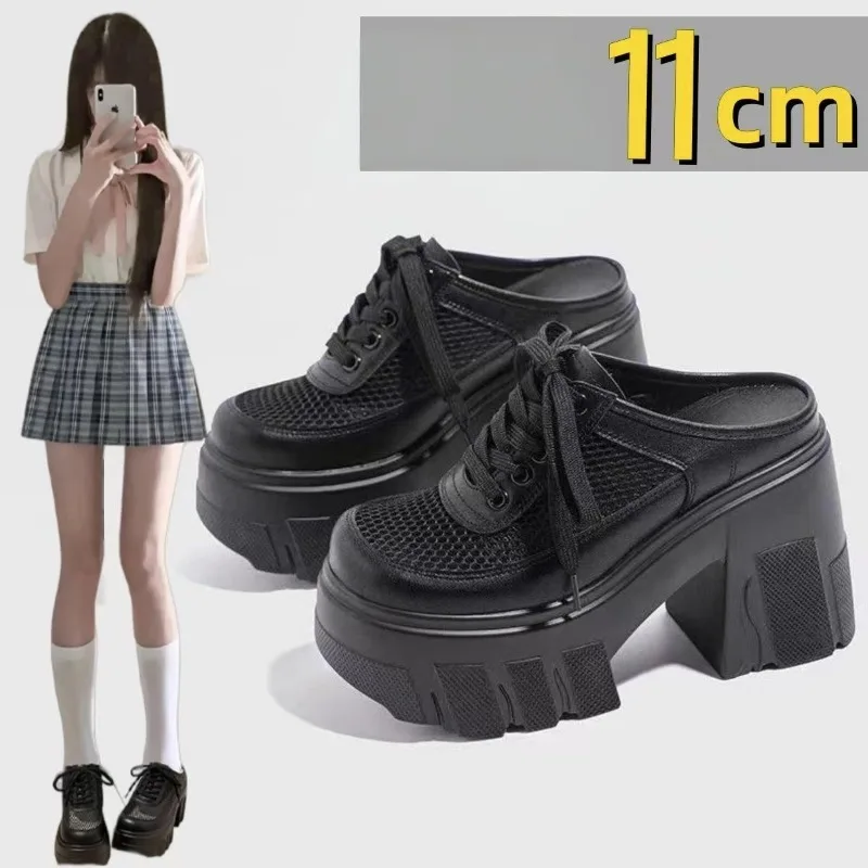 

Женские тапочки Baotou, увеличивающие рост 11 см, новинка 2025 года, туфли без шнуровки на толстом каблуке, на толстой подошве и высоком каблуке из сетки