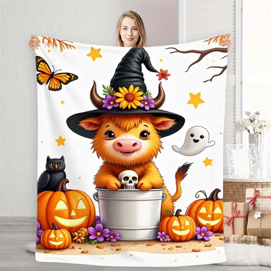White‑based Spider Web Bat Pumpkin Spider Halloween Element Print Soft Flannel Throw Blanket Warm Cozy Blanket For Sofa Bed