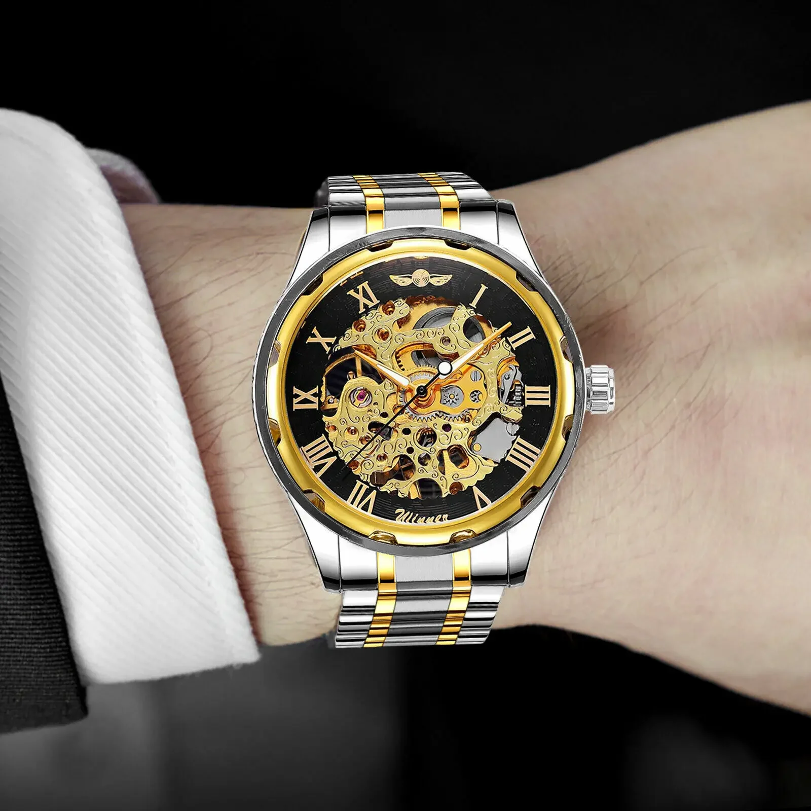 Men's Stainless Steel Strap Luxury Gold Tone Skeleton Hand Wind Mechanical Wrist Watch Roman Number Dial