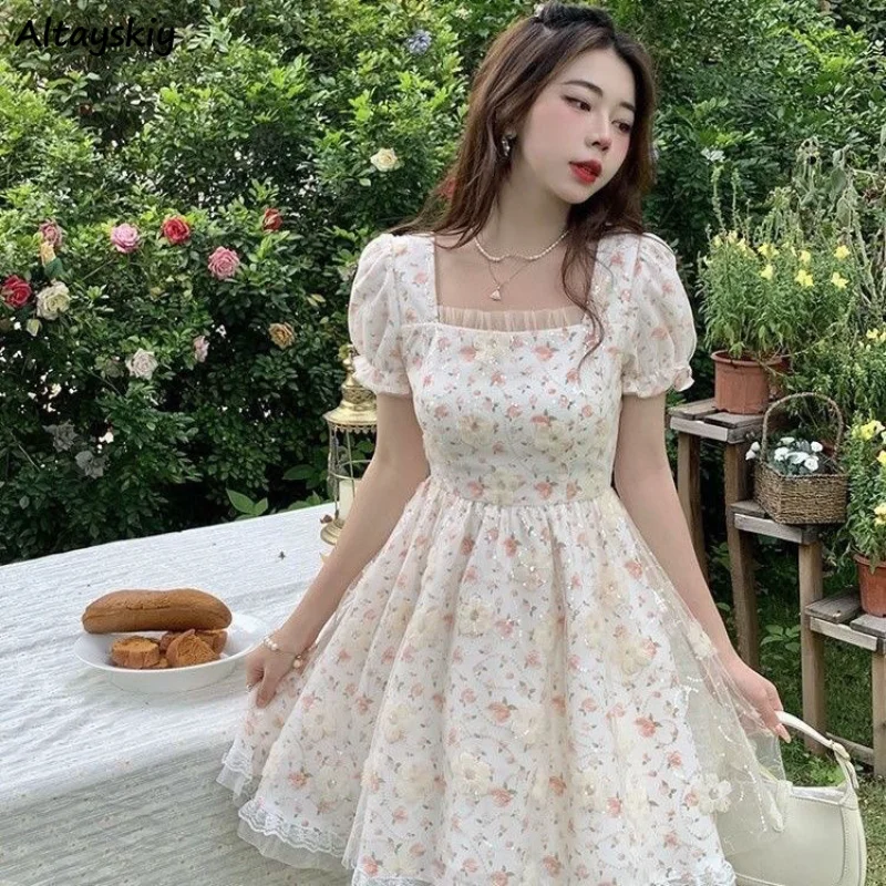 

Floral Mini Dresses Women Tender Sweet Summer Puff Sleeve Princess Vestidos Elegant Ladies Vintage Prairie Chic Fashion Casual