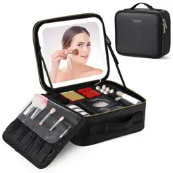 Travel Makeup Case With Lighted Mirror Cosmetic Storage Travel Bag Cosmetic Artist Organizer With Light-Up Mirror PU Makeup Bag