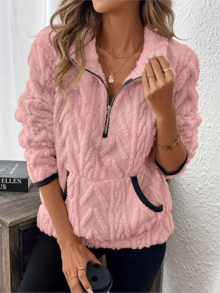 Casual Solid Color Half-open Collar Pullover Tops For Female Fashion Long Sleeves Pocket Sweatshirt Autumn Winter Ladies Hoodie