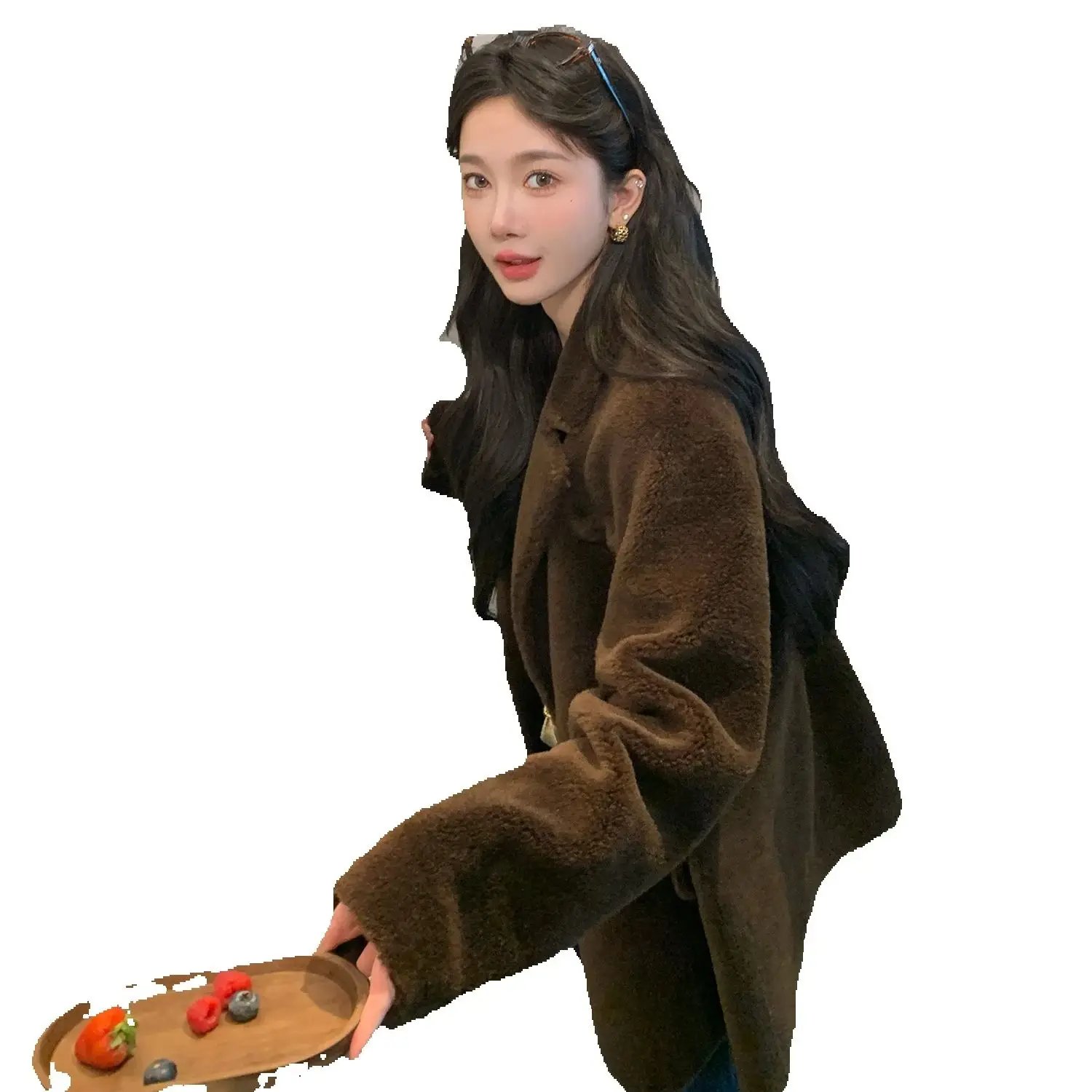 

Костюм папы в стиле ретро с воротником, шубой из овчины и шубой из овчины для женщин зимой.