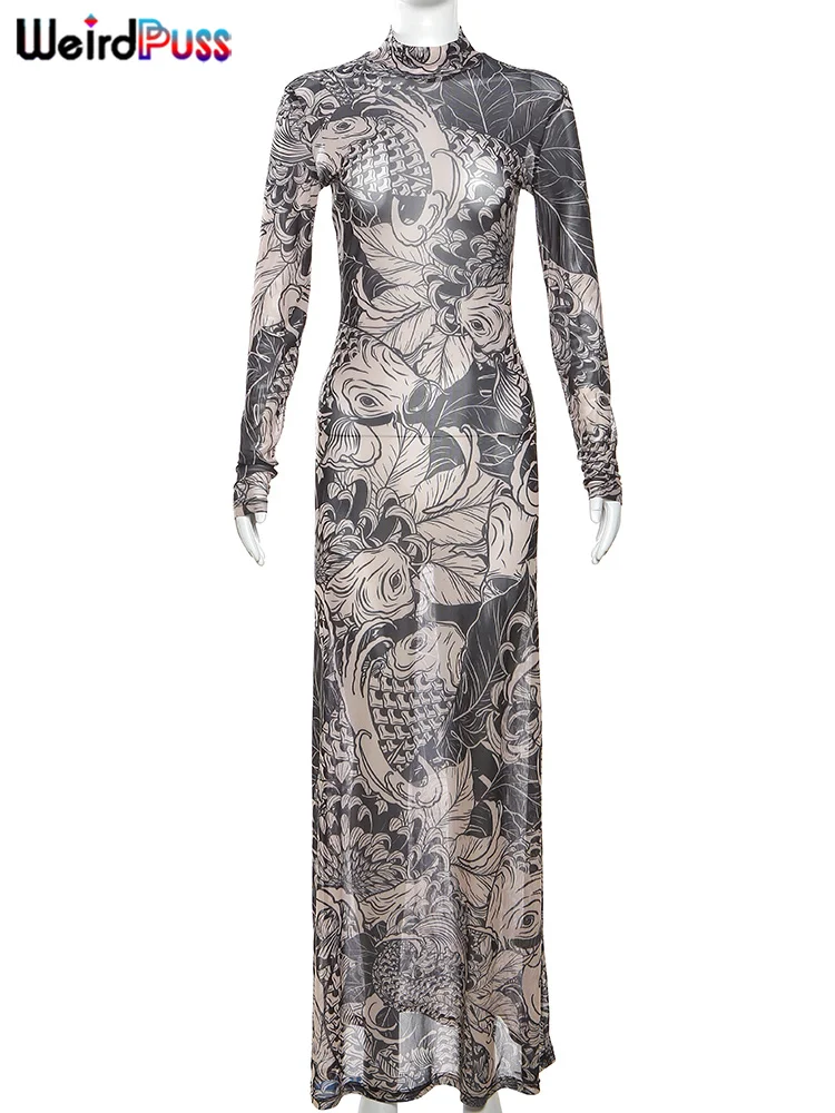 Weird Puss Mesh Print Women Maxi Dress Turtleneck Full Sleeve Bodycon Autumn Trendy Hipsters High Street Party Y2K Attirewear - Image 6