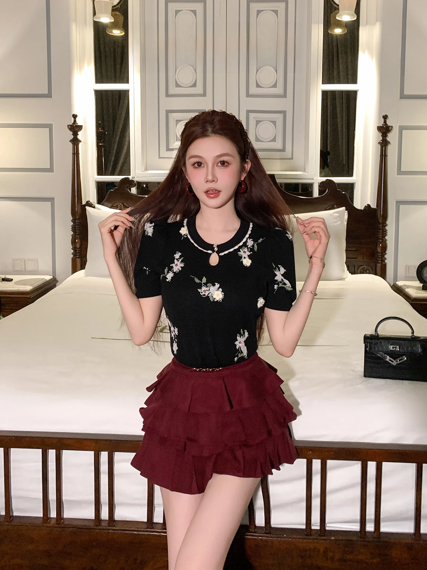 

Юбка AZZHEN с красными сердечками и бриллиантовыми пуговицами, пышная, длинная, с богатой отделкой, для молодых женщин, модная, для офиса и повседневной носки