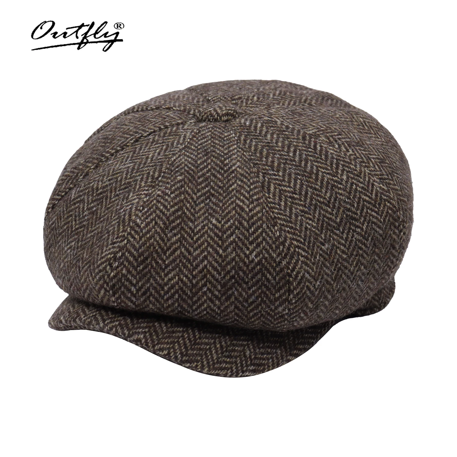 Outfly Vintage British Style Octagonal Newsboy Cap, Classic Herringbone Design, Perfect for Autumn Winter Outdoor Sports Travel