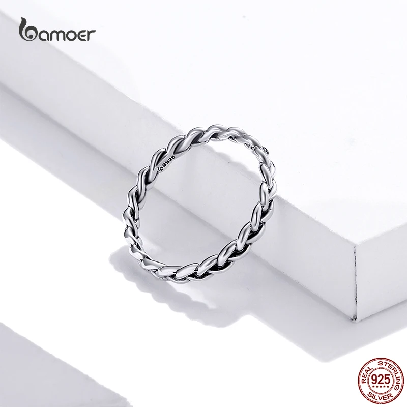 Bamoer 925 Sterling Silver prosty pleciony pierścionek dla kobiet klasyczny elegancki pierścionek do układania w stosy biżuteria ślubna akcesoria nie 925 Logo — zdjęcie 6