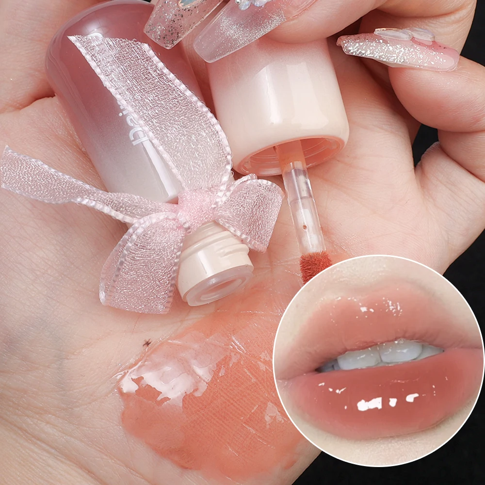 Cute Bow Mirror Lip Gloss Moisturizing Water-light Jelly Nude Red Pink Lips Tint Waterproof Long Lasting Korean Makeup Cosmetics