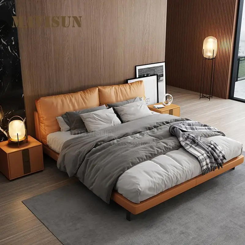 

Hot Sale Double Bed Simple Postmodern Modern Master Bedroom Furniture 1.8m Nordic First Layer Leather Light Luxury Wedding Bed