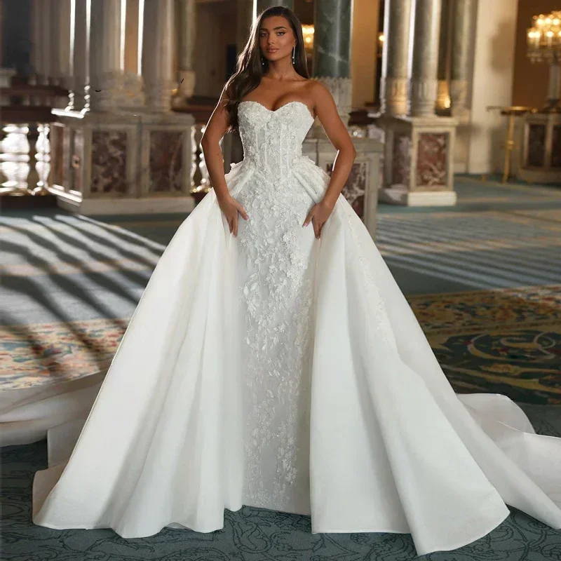 

New Mermaid Wedding Dress 2026 Detachable Train Sweetheart Lace Appliques Flowers Bridal Bride Grown Arabic Vestidos De Noiva