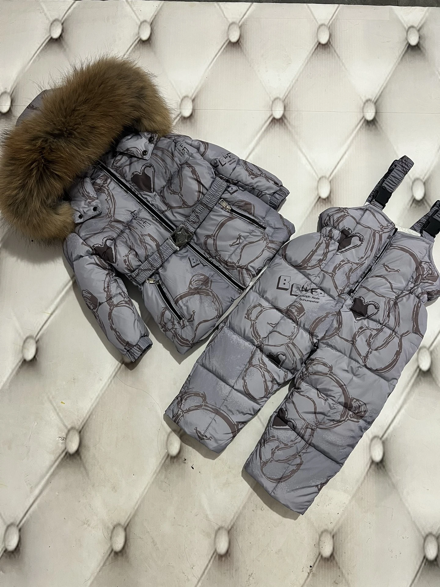 Bear New Winter Jacket Children down Jackets Pant 2023 Child duck down Fur hooded girl snowsuit boy Suit set outerwear ski suit