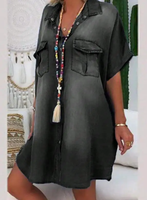 

2025 Summer Vintage Washed Vintage Collar Casual Loose Straight Leg Denim Skirt for Women, Trendy Loose Button Front Denim Dress