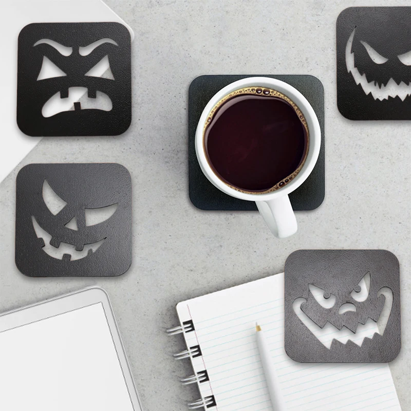 4pcs Halloween Coasters Wooden Hot Drink Coasters Creative Placemats For Home Countertop Halloween Parties Dining Room Cafe