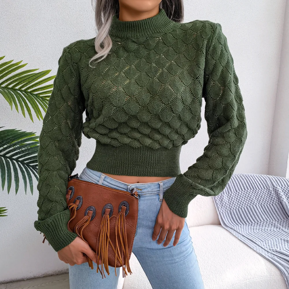 Solid Color Women's Knitted Fashionable Sweater 2024 Autumn And Winter Diamond Hollow Long Sleeved Crop Top Sweater For Warmth