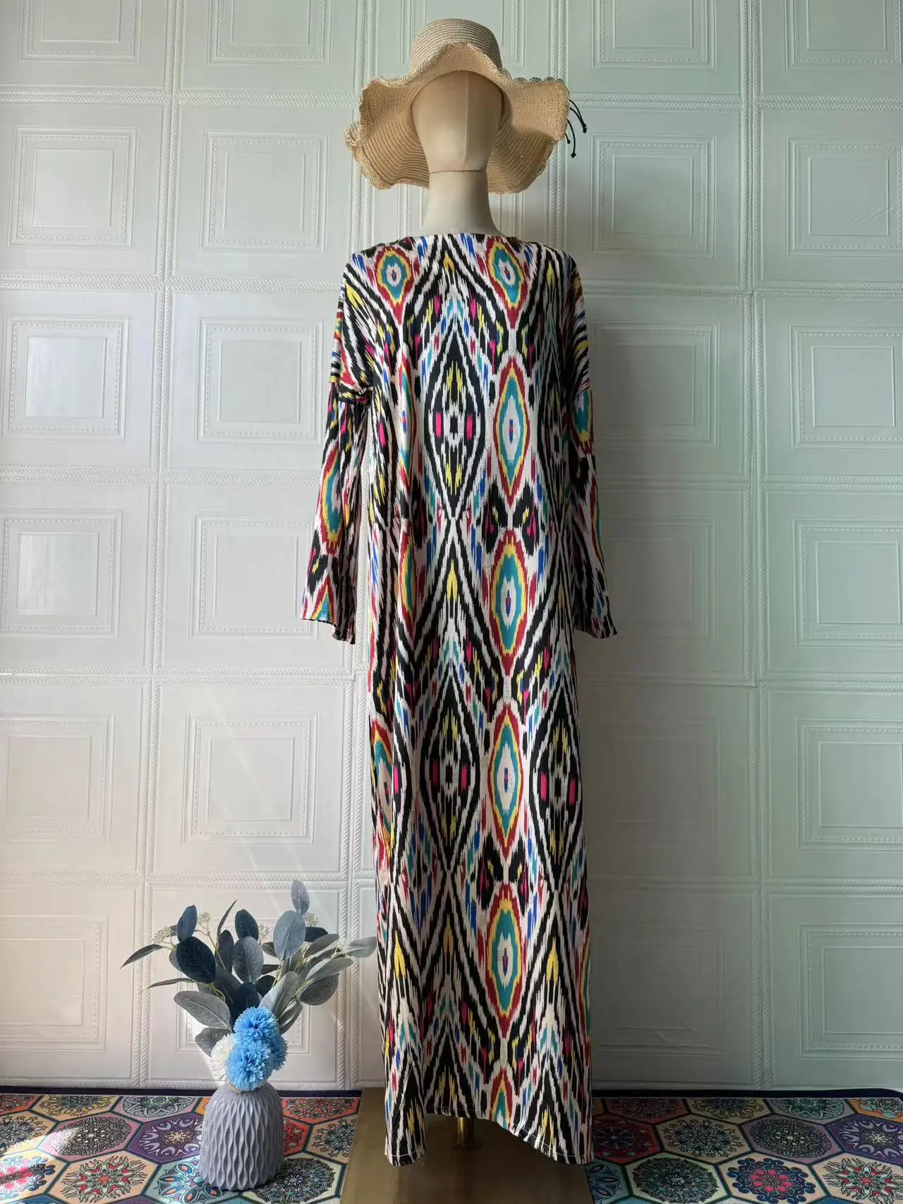 Spring Fall Sun Protection Printed Long Dress Women Urban Casual Loose Round Neck Long-Sleeved Dress European American Style