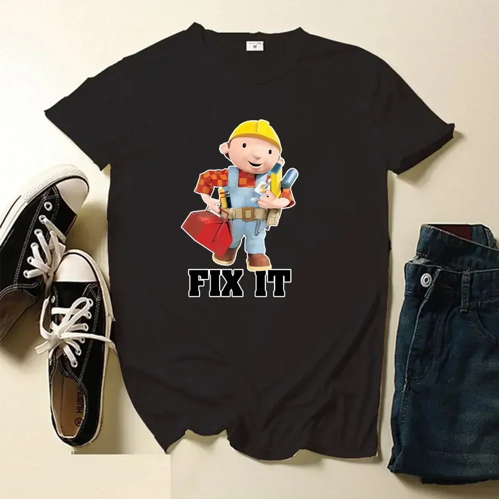 Can We Fix It ？Yes, We Can!  Funny Repair Man Bob The Builder Engineering Cartoon Men TShirt Crewneck Tee tee Short Sleeve