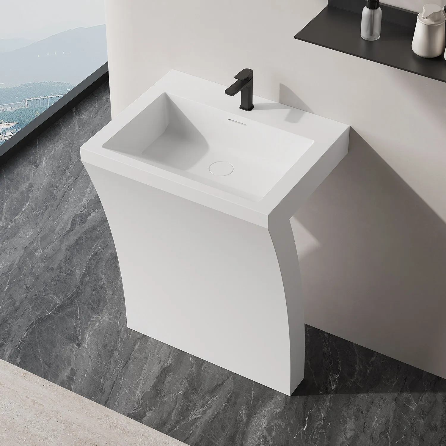 7-shaped integrated molding artificial stone column basin wash basin floor basin