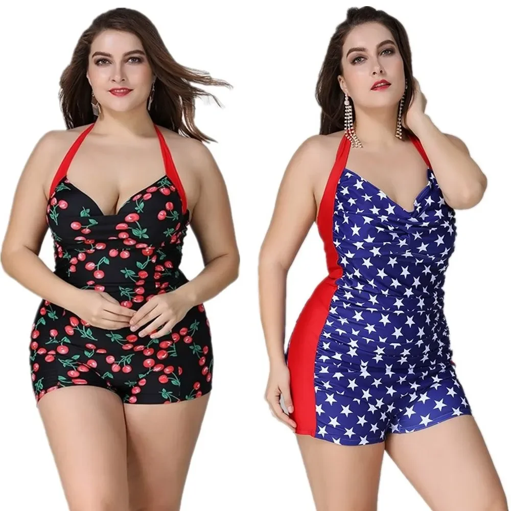 Sexy One Piece Swimsuit Fused Women Plus Size Bodysuit Halter Swimwear Tummy Control Dot Print Boyleg Short Swimming Costume