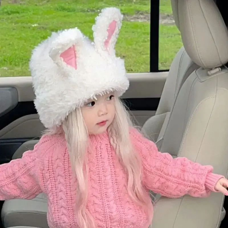 Parent-child Cute Rabbit Plush Hat Cute Ears Bunny ~ Circle Yarn Children's Hat Girls Fall and Winter Thickened Warm Hat