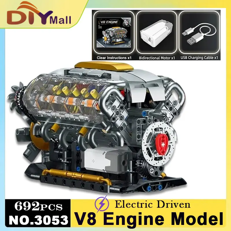 

MOC Technical V8 Engine Model Building Kit-Electrically Driven DIY Car Blocks Set with Motor STEM Educational Toy Gift for Kids