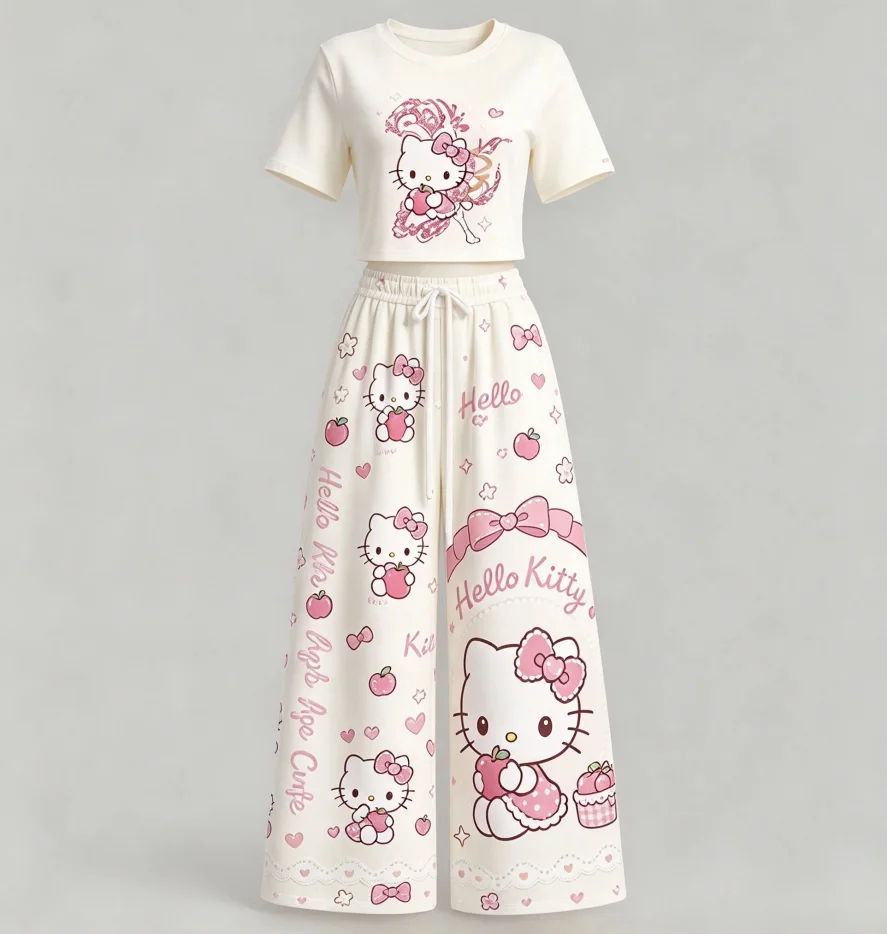 Hello Kitty Short Sleeved Pants Set, New Cute Cartoon Printed Casual Sportswear Kawaii Home Suit Set