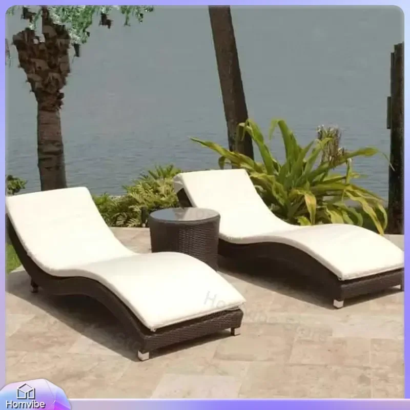 Outdoor Wicker Lounge Chair Metal Frame High Elastic Foam Sponge Poolside Beach Patio Garden Furniture Sunbed Recliner