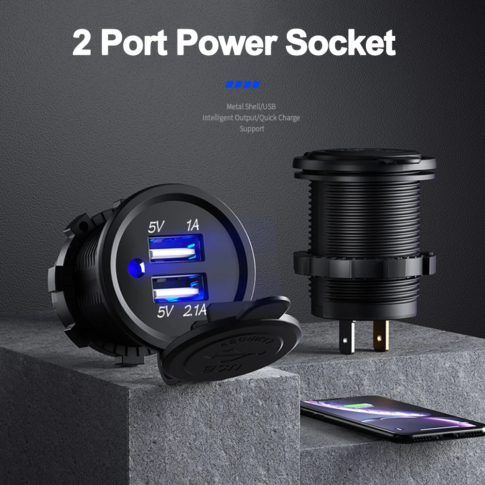 Universal Cigarette Lighter Car Charger USB Vehicle DC12V-32V Waterproof Dual USB Charger 2 Port Power Socket 5V 2.1A/1A