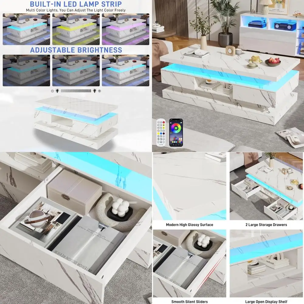 

Глянцевый светодиодный журнальный столик 47,2 с 2 ящиками, двухслойный центральный стол, светодиодная подсветка, белый для гостиной