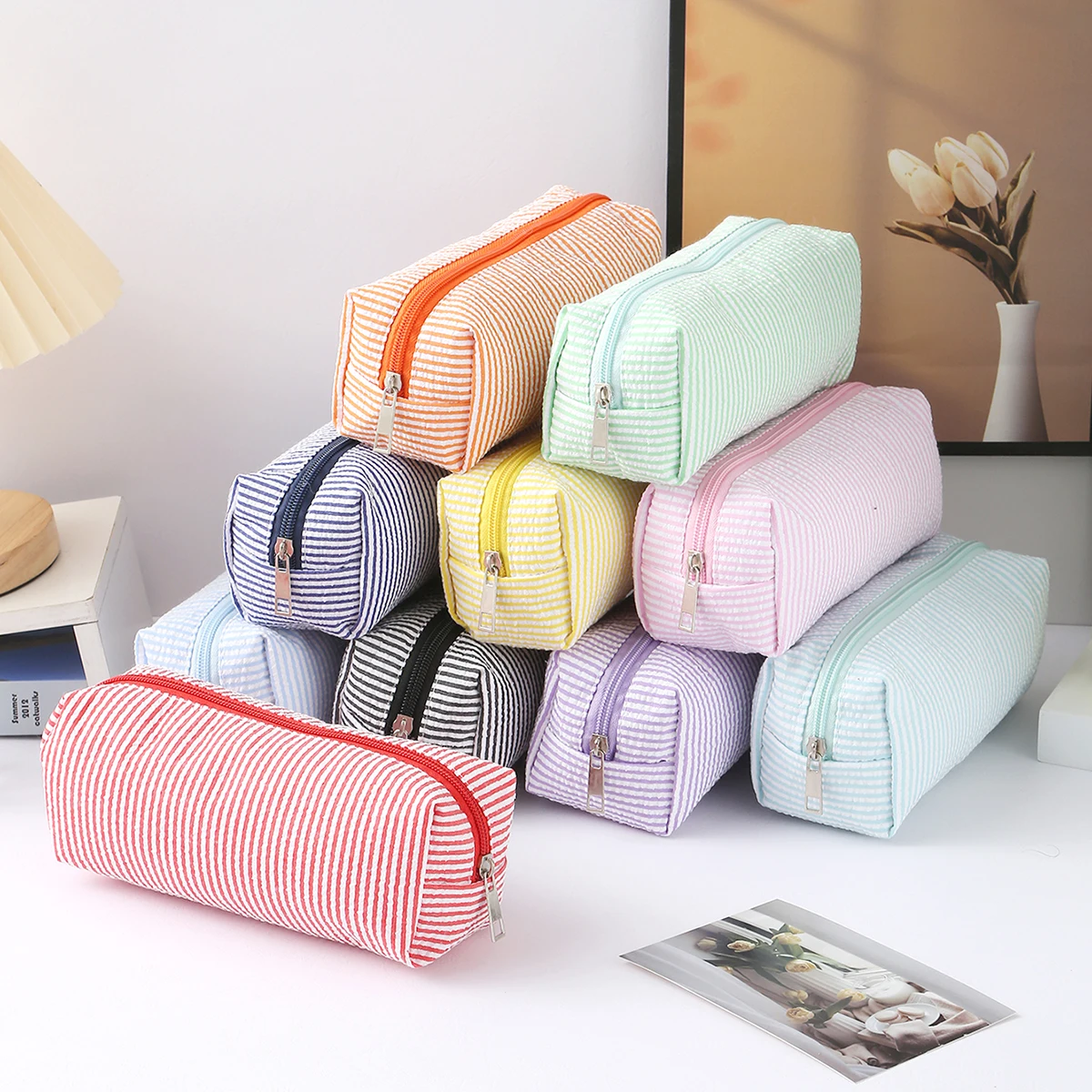 Estojo de Lápis de Lona Listrado Fofo, Pequena Bolsa de Viagem com Zíper, Bolsa de Papelaria Portátil de Grande Capacidade para Escola, Escritório e Meninas