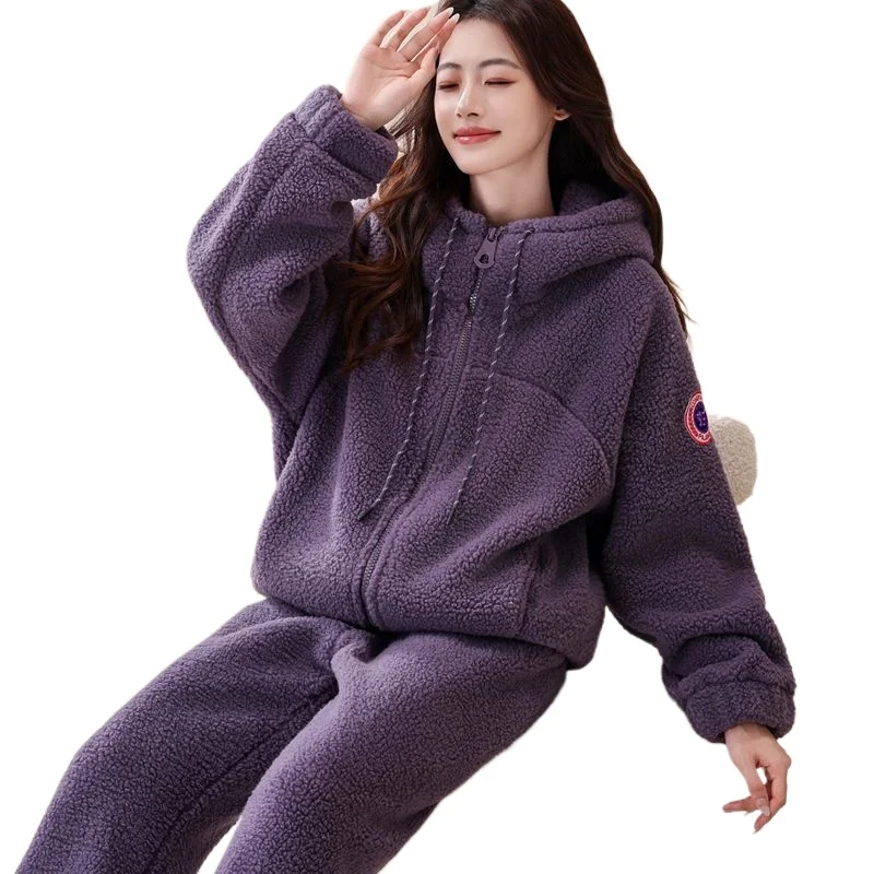 

Can Be Worn Outside Loungewear Women's Composite Fleece Cold-resistant Warm Coral Fleece Pajamas Set Two-piece Hooded Jacket