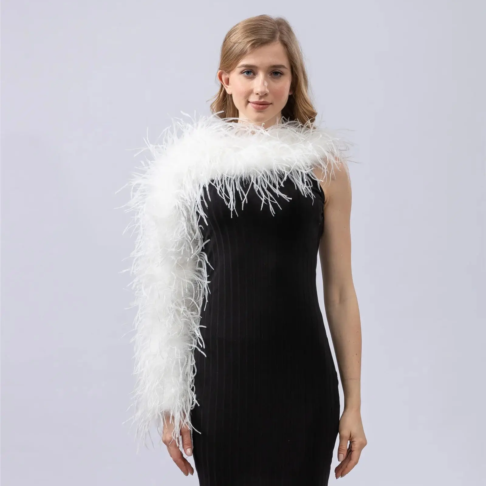 Natural Ostrich Feather Single Shoulder Long Sleeve for Wedding Concert Party, Luxurious Furry Fluffy Collar, Peach Fuzz, 2024