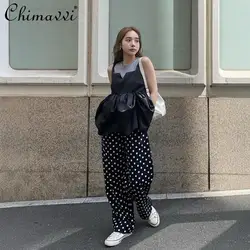 New Japanese Style 2024 Autumn Womens High Waist Polka Dot Casual Pants Female Slim Casual Straight Trousers Wide Leg Pants