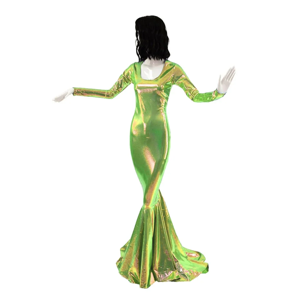 Sexy Scoop Neck Holographic Laser Mermaid Dress Long Sleeve Maxi Dress Lady Sheath Flared Floor-length Dress Stage Performance