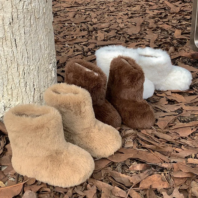 Luxury Thick Fur Boots Kids Girls Fluffy Warm Plush Booties Child 2026 Winter New Round Toe Slip-on Outdoor Cotton Ankle Shoes