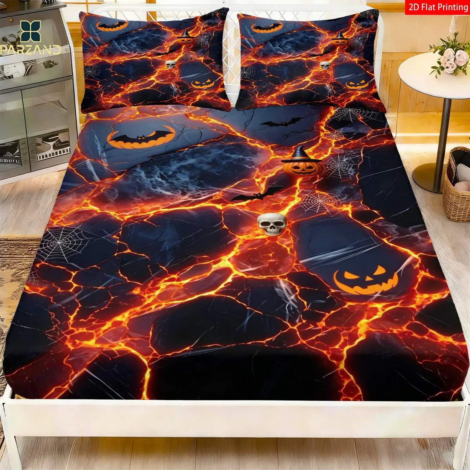 Thanksgiving Printed Fitted Sheet Set, Cracked Volcanic Rock, Bat, Pumpkin (Includes 1 Fitted Sheet + 2 Pillowcases) 3-Piece Set, Large Capacity Deep Bedding Mattress Protector, Fitted Elastic Style, Protective Cover, Mattress Protector, Machine Washable Design, Holiday Decoration, Various Sizes, Breathable Protective Cover with Pillowcase